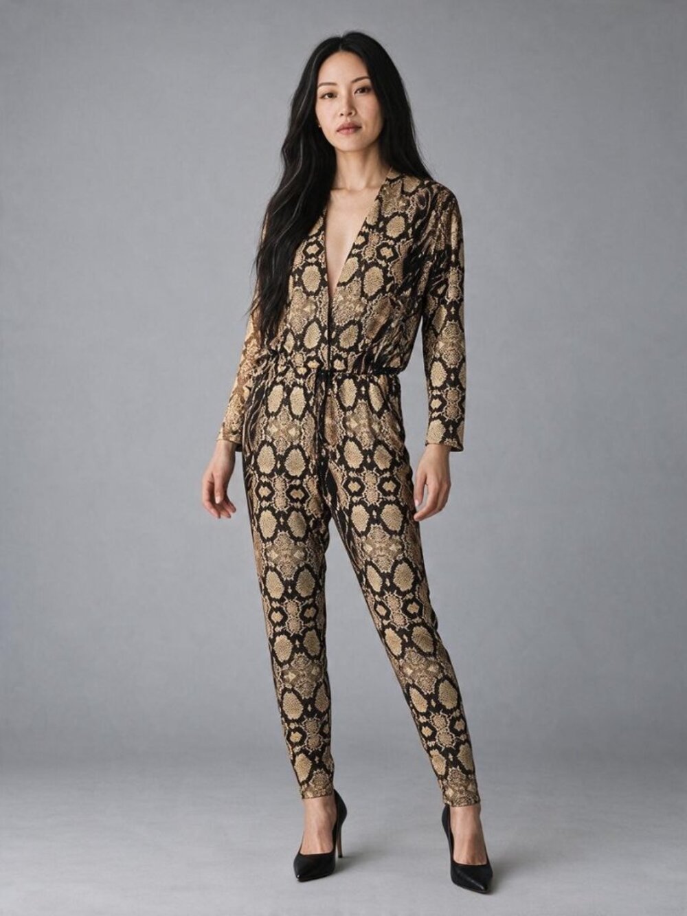 VENUS Snakeskin Print Jumpsuit V-neck Long Sleeve Tapered Leg SZ M